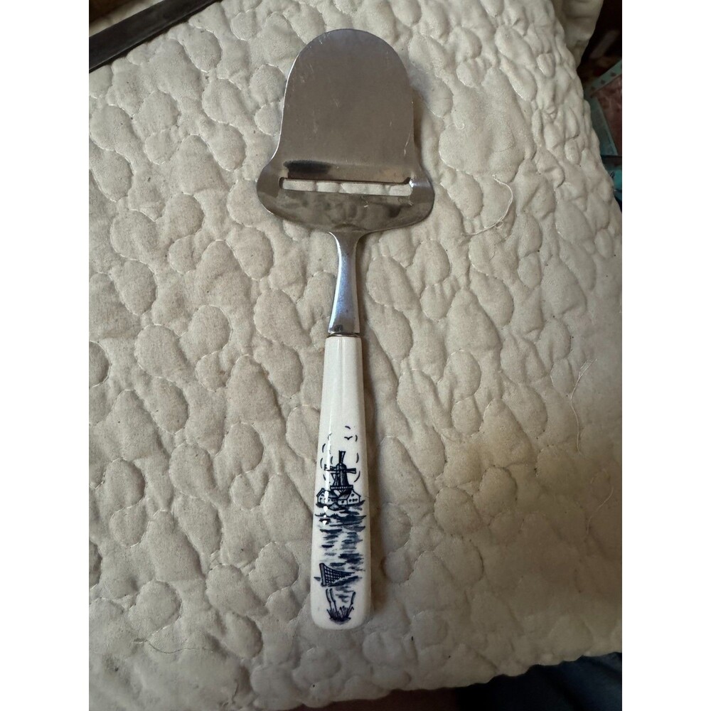 Vintage Dutch Windmill Cheese Slicer White Porcelain Handle Stainless Steel